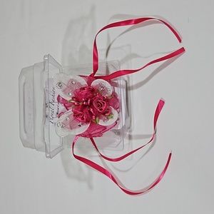 Floral Fashion, White glitter Butterfly with Pink roses wrist corsage